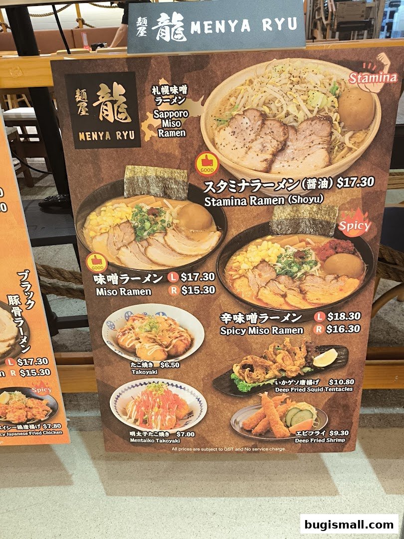 A menu board displaying various ramen dishes and side items from Ramen Champion.