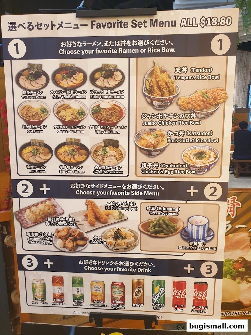 A menu board for Ramen Champion's favorite set meal, featuring ramen, rice bowls, sides, and drinks.