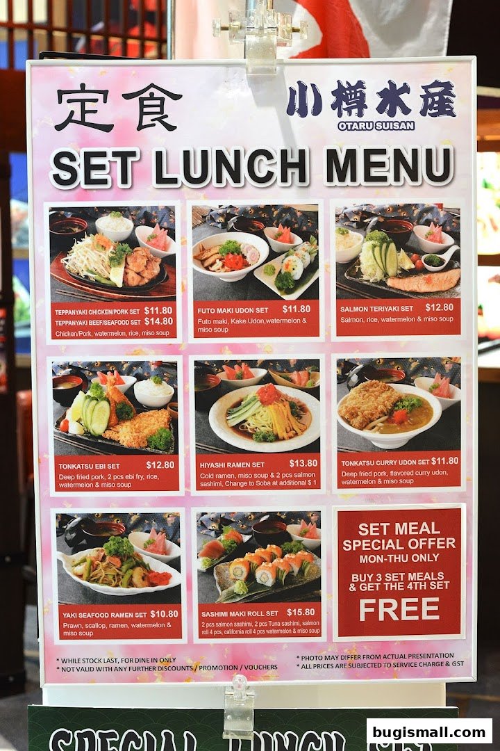 A colorful menu board displaying various Japanese set lunch options with enticing food photography.