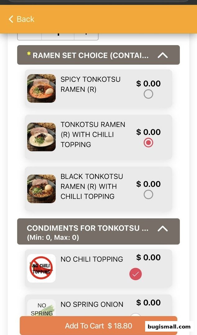 A digital menu for Ramen Champion, showing ramen choices and condiments.