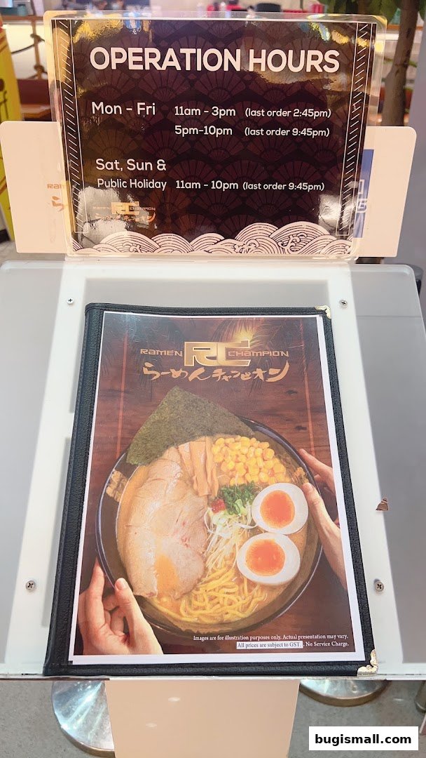 A menu for Ramen Champion featuring a bowl of ramen and operation hours.