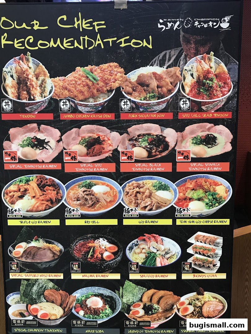 A menu board showcasing various ramen dishes and other Japanese food items with enticing images.