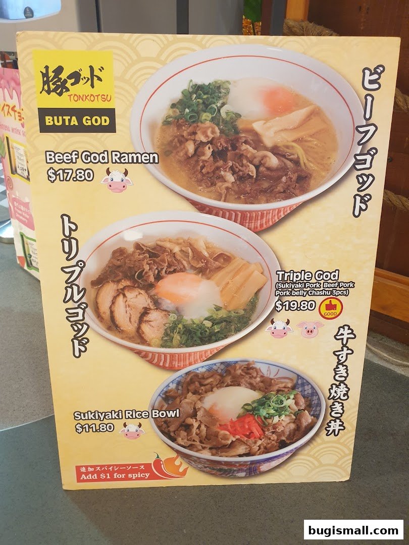 A menu board showcasing three popular ramen and rice bowl dishes from Ramen Champion.