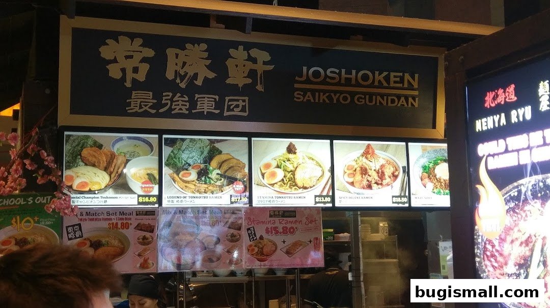 A display of various ramen dishes and set meals offered at Ramen Champion.