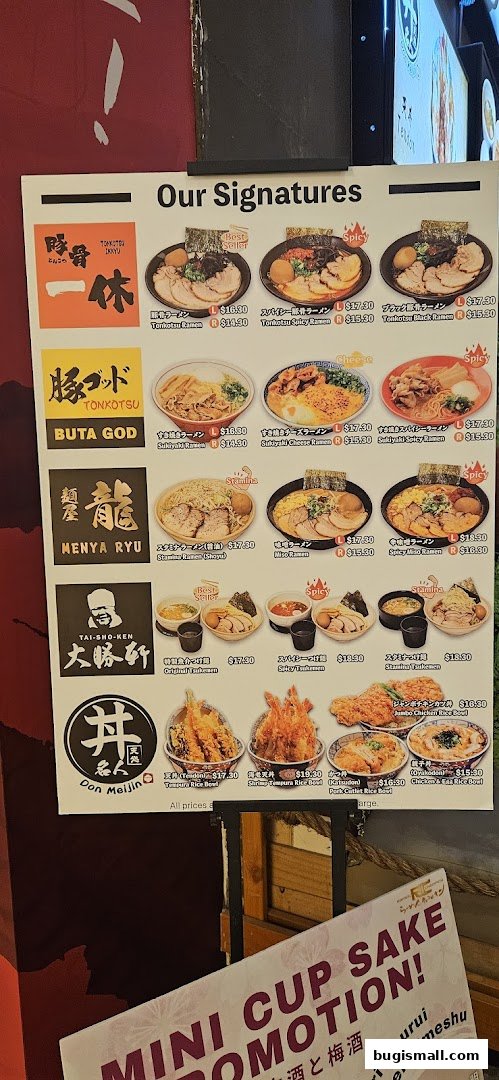 A menu board showcasing various signature ramen dishes and rice bowls from Ramen Champion.