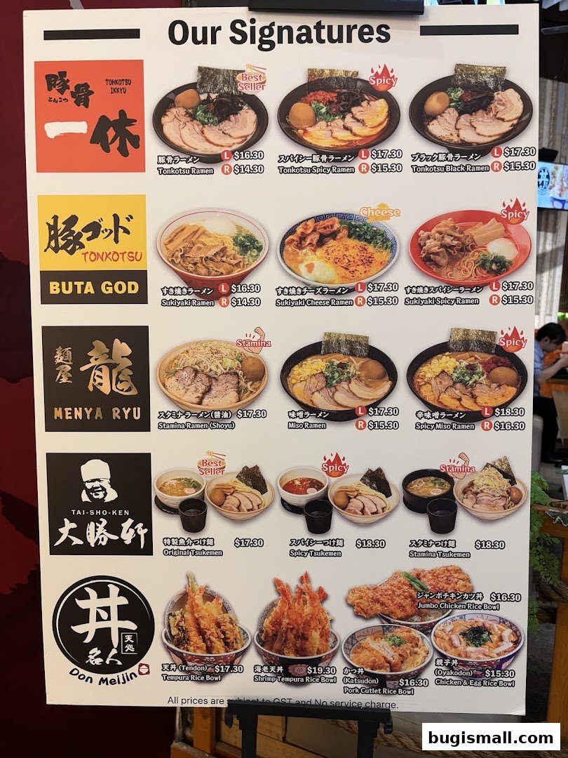 A menu board showcasing various signature ramen dishes and rice bowls from Ramen Champion.