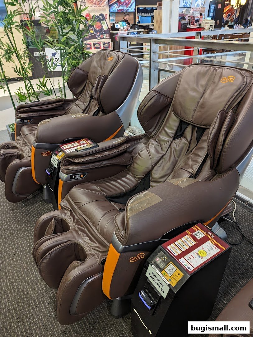 Two brown Gintell massage chairs are displayed in a retail setting with plants and other shops in the background.