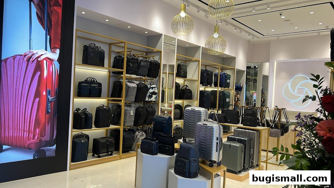 Interior of a Samsonite store showcasing a wide variety of luggage and bags on display.