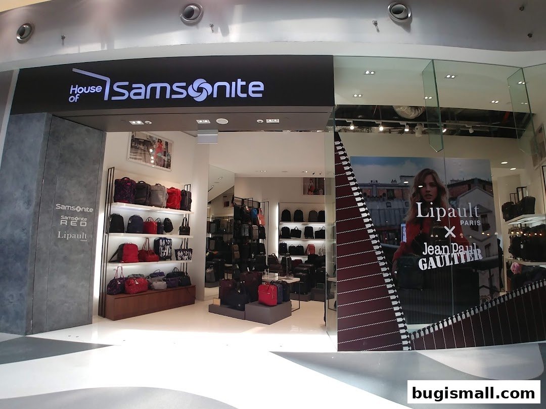 The entrance of a Samsonite store showcasing various bags and luggage on display.