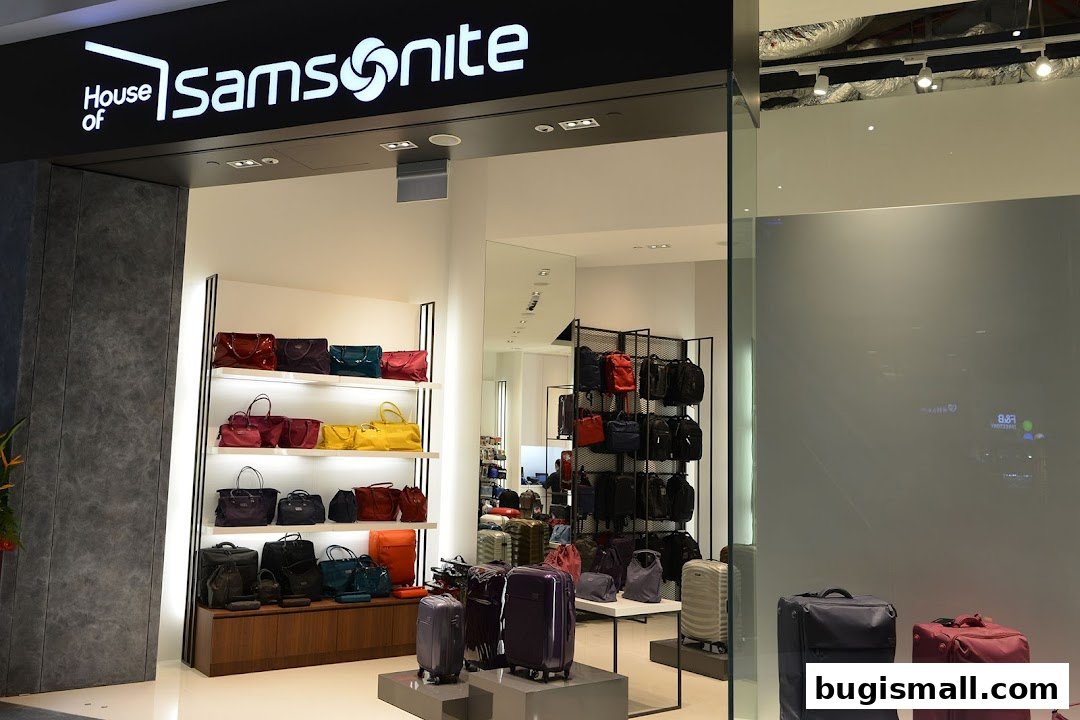 Samsonite store interior showcasing a wide variety of luggage and handbags on display.