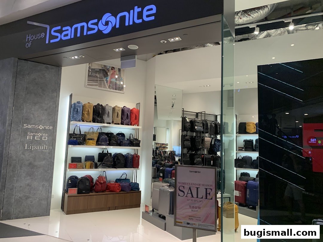 The entrance of a Samsonite store showcasing various bags and luggage on display.