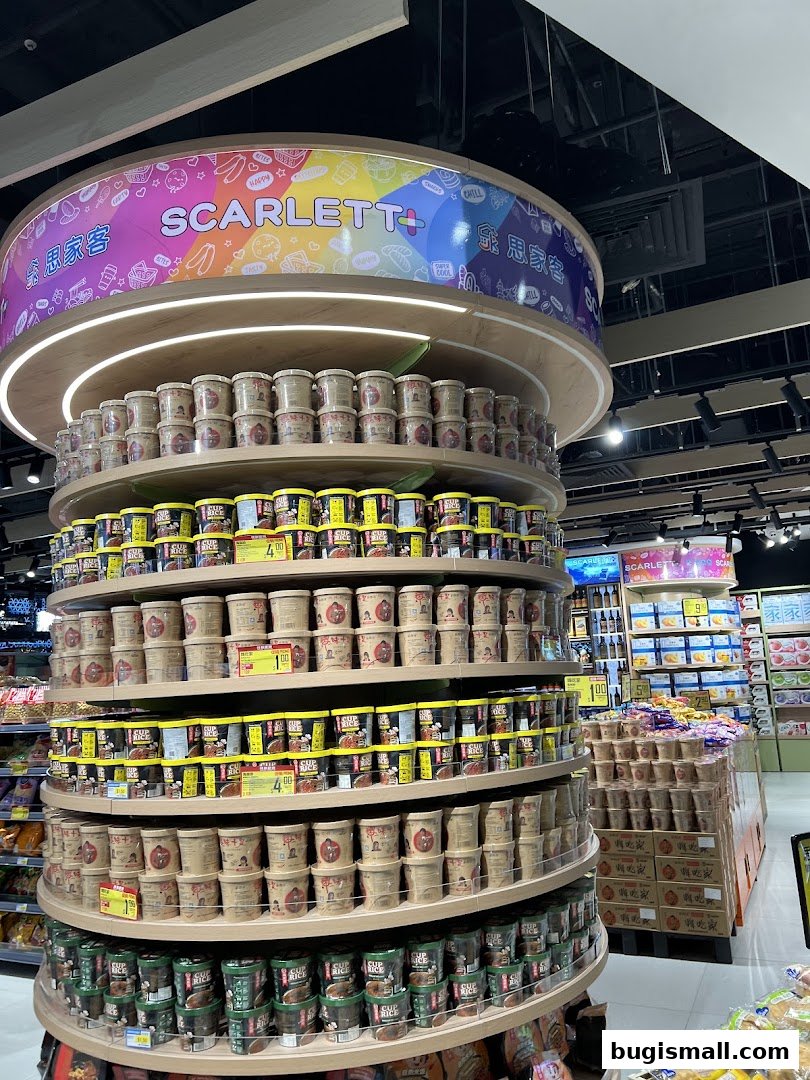 A circular display of various food products, primarily cup noodles and instant meals, inside a supermarket.