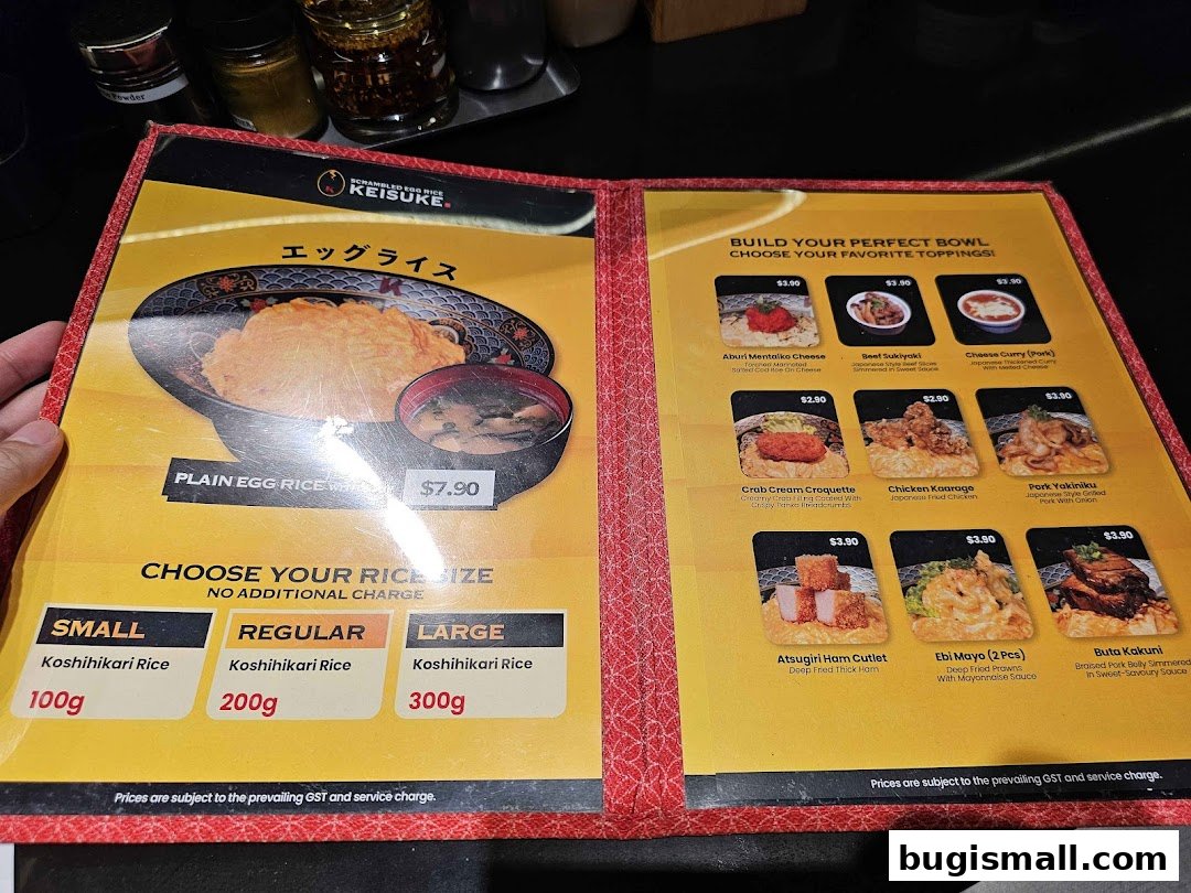 A menu from Scrambled Egg Rice Keisuke, showcasing plain egg rice and various toppings.