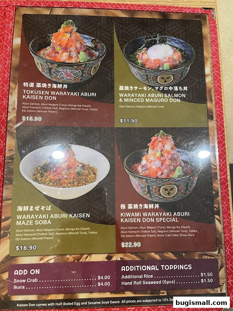 A menu featuring four different types of Japanese rice bowls and noodles with seafood.
