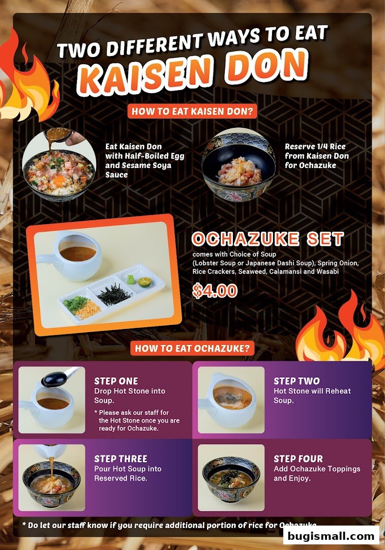 A guide on how to eat Kaisen Don and Ochazuke, featuring a set menu.