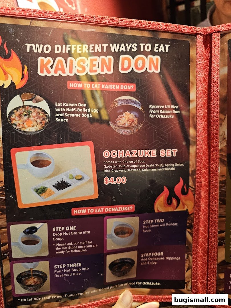 A menu showcasing two ways to eat Kaisen Don and how to prepare Ochazuke.
