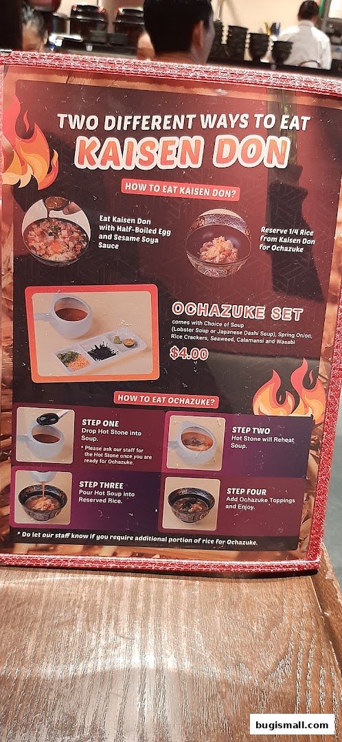 A menu board showcasing two ways to eat Kaisen Don and how to prepare Ochazuke.