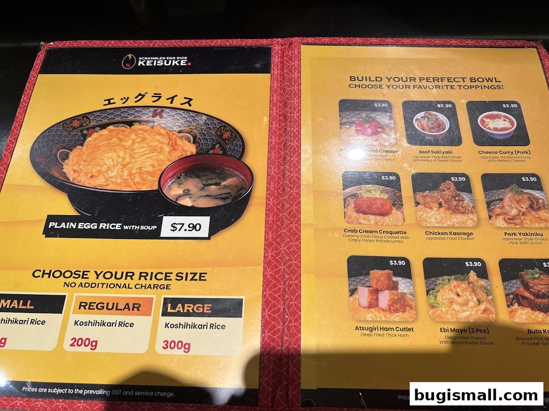 A menu from Scrambled Egg Rice Keisuke, featuring plain egg rice and customizable toppings.