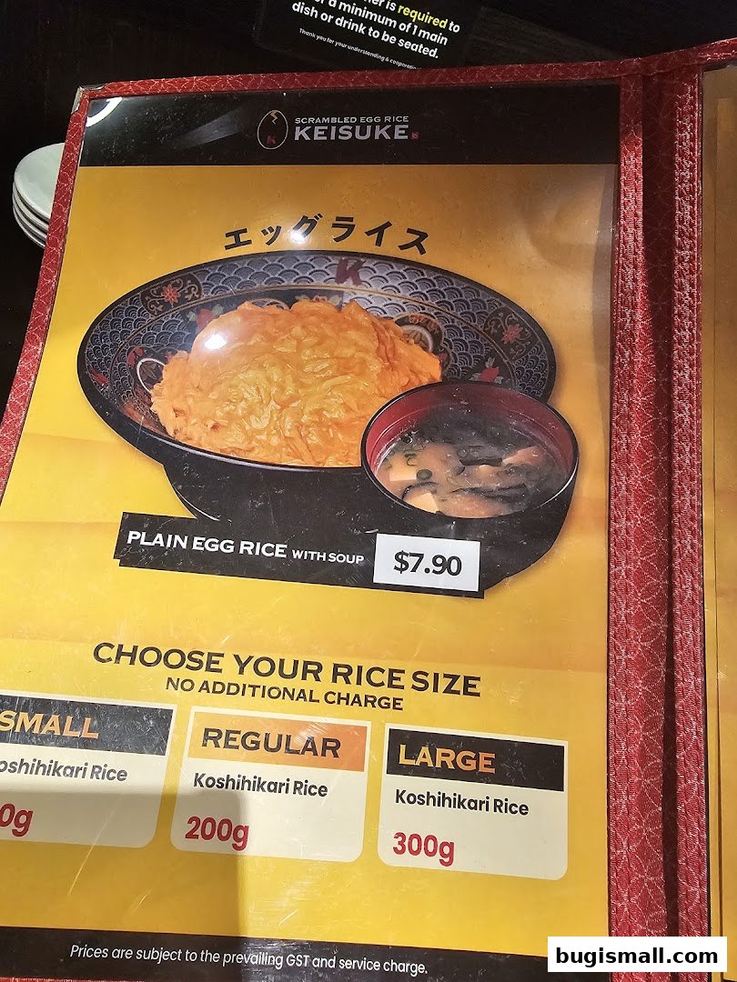 A menu from Scrambled Egg Rice Keisuke featuring their signature dish and rice size options.
