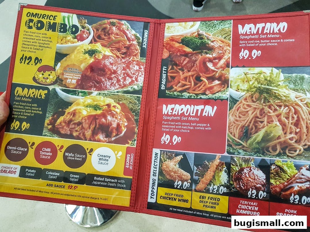 A menu featuring Omurice combos, spaghetti dishes, and various side toppings.