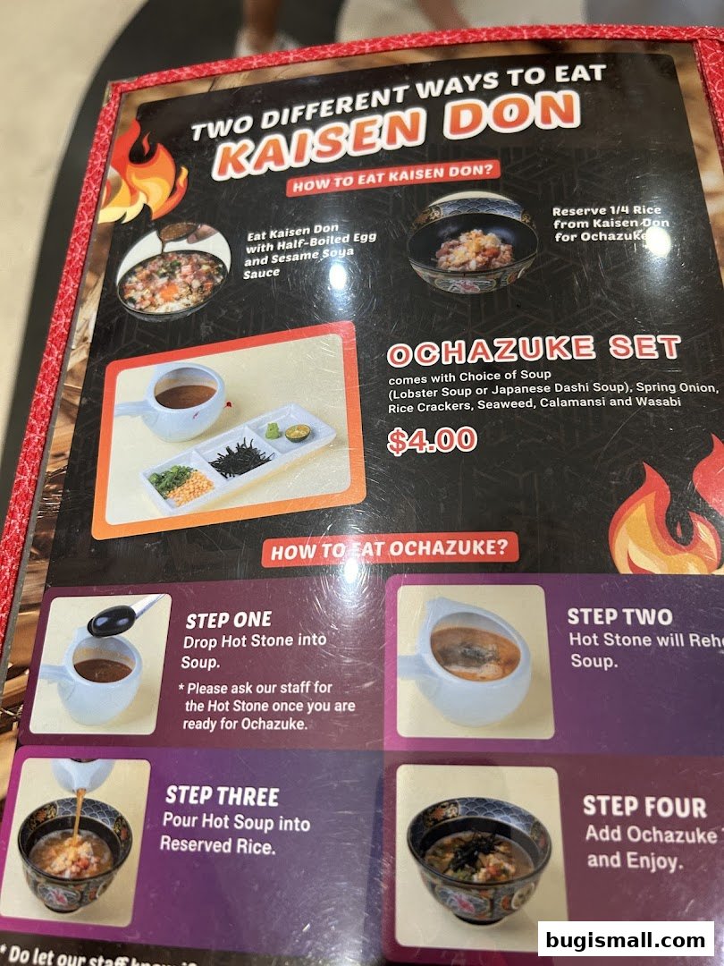 A menu showcasing two ways to eat Kaisen Don and an Ochazuke Set.