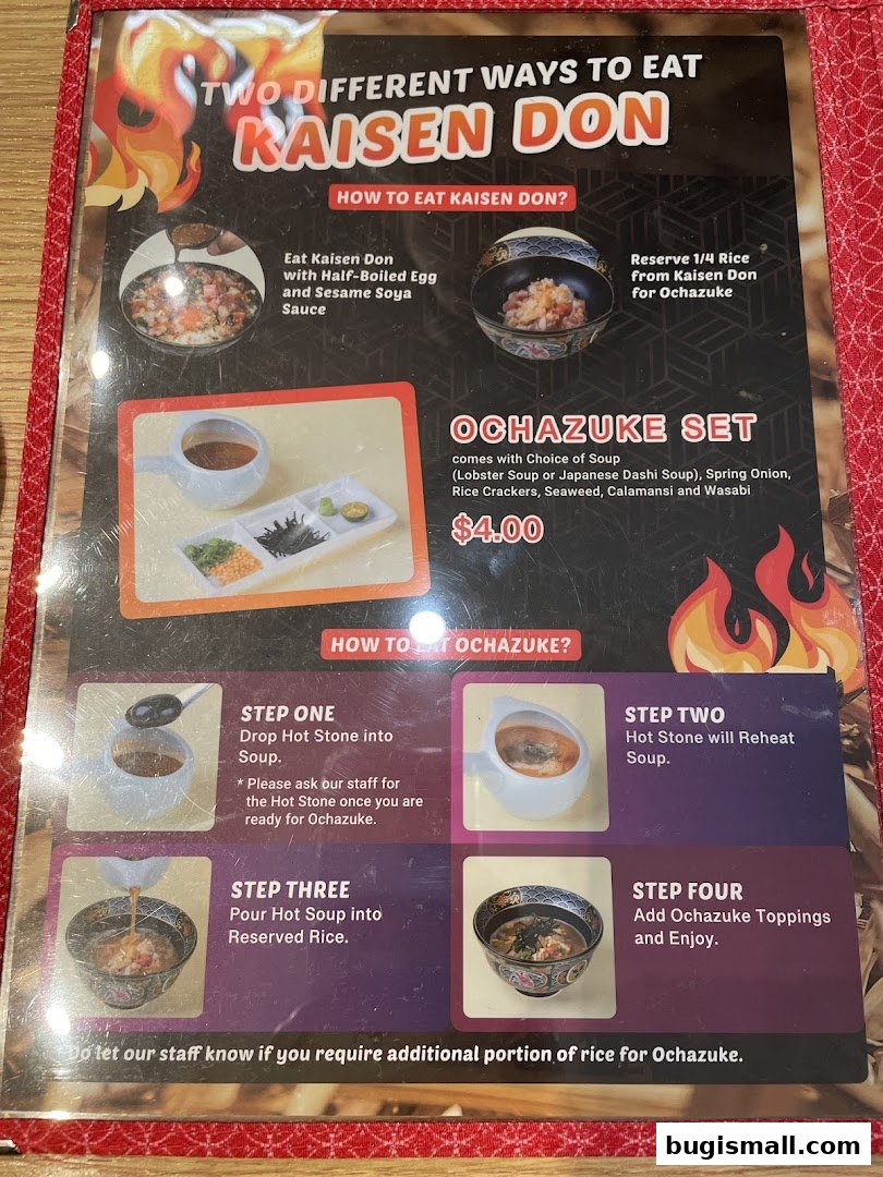 A menu showcasing two ways to eat Kaisen Don and the Ochazuke Set.