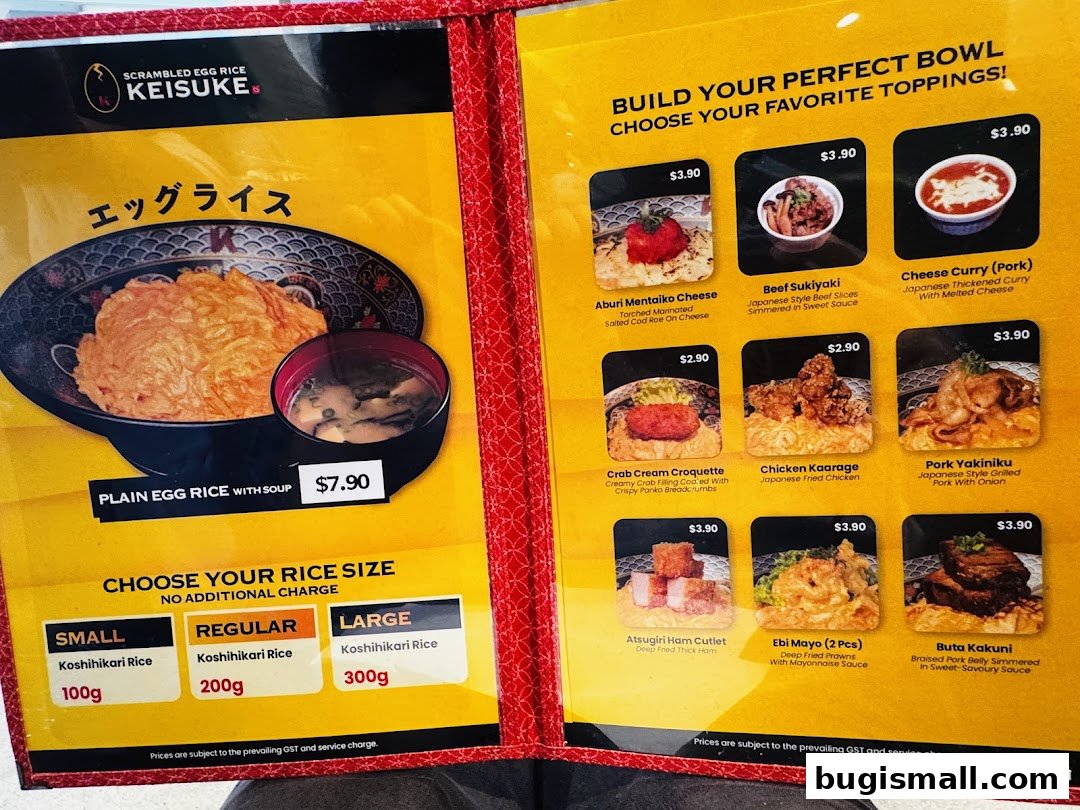 A menu from Scrambled Egg Rice Keisuke featuring their signature dish and various toppings.