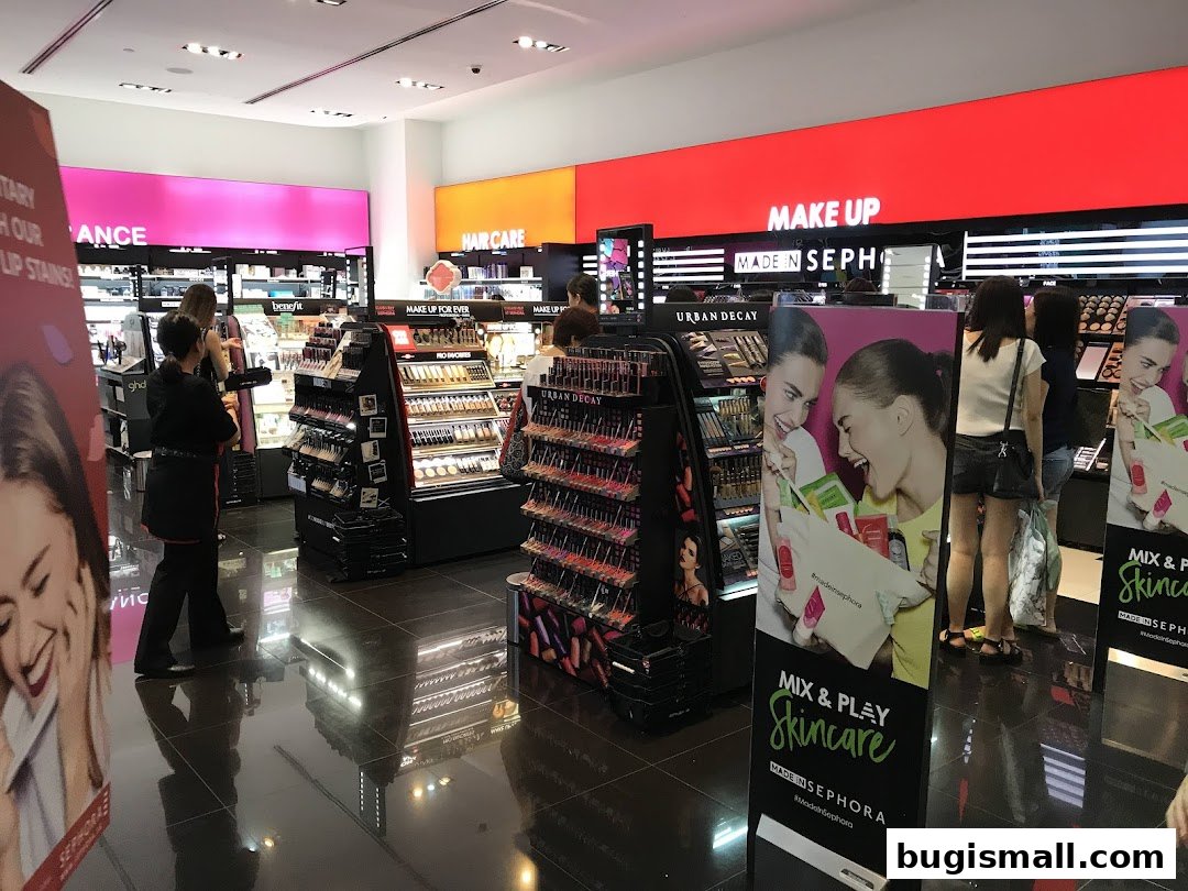Interior view of a Sephora store showcasing makeup and skincare products with promotional displays.