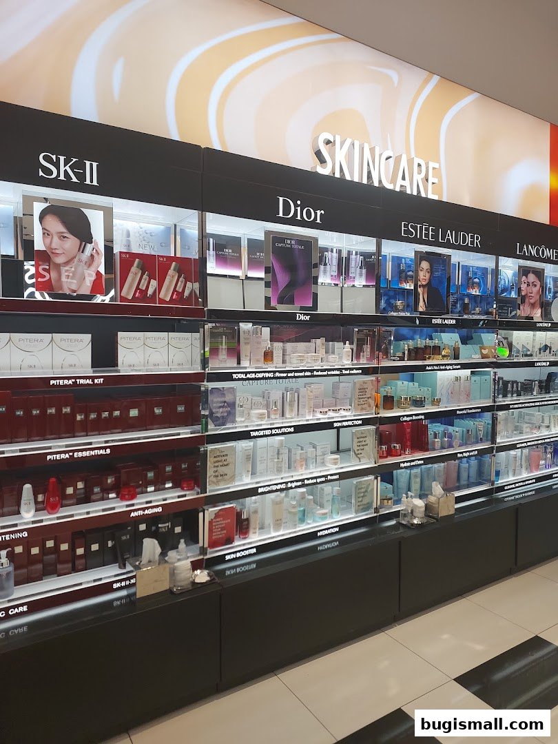 A wide display of skincare products from various brands like SK-II, Dior, Estee Lauder, and Lancôme.