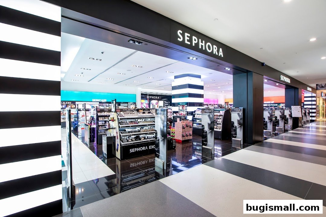 The entrance of a brightly lit Sephora beauty store showcasing various makeup and skincare products.
