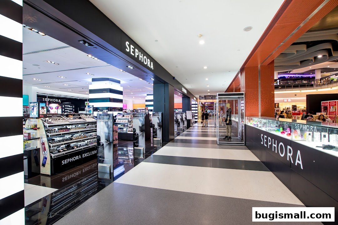 The entrance and interior of a Sephora beauty store, showcasing makeup displays and mannequins.