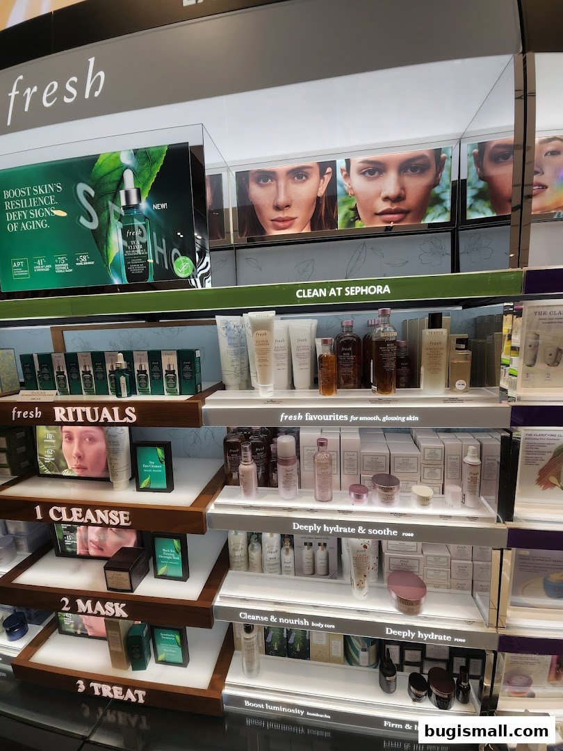A display of Fresh skincare products organized by routine: cleanse, mask, and treat.