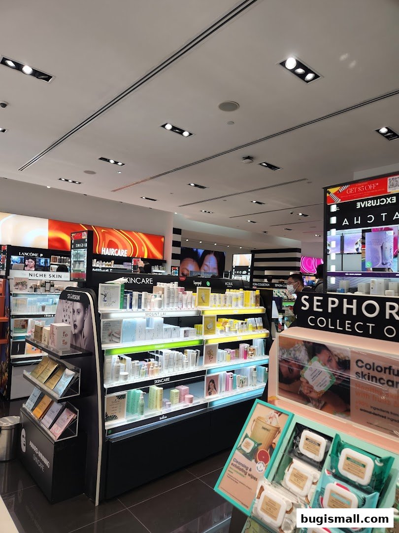 Interior view of a Sephora store showcasing skincare and haircare products.