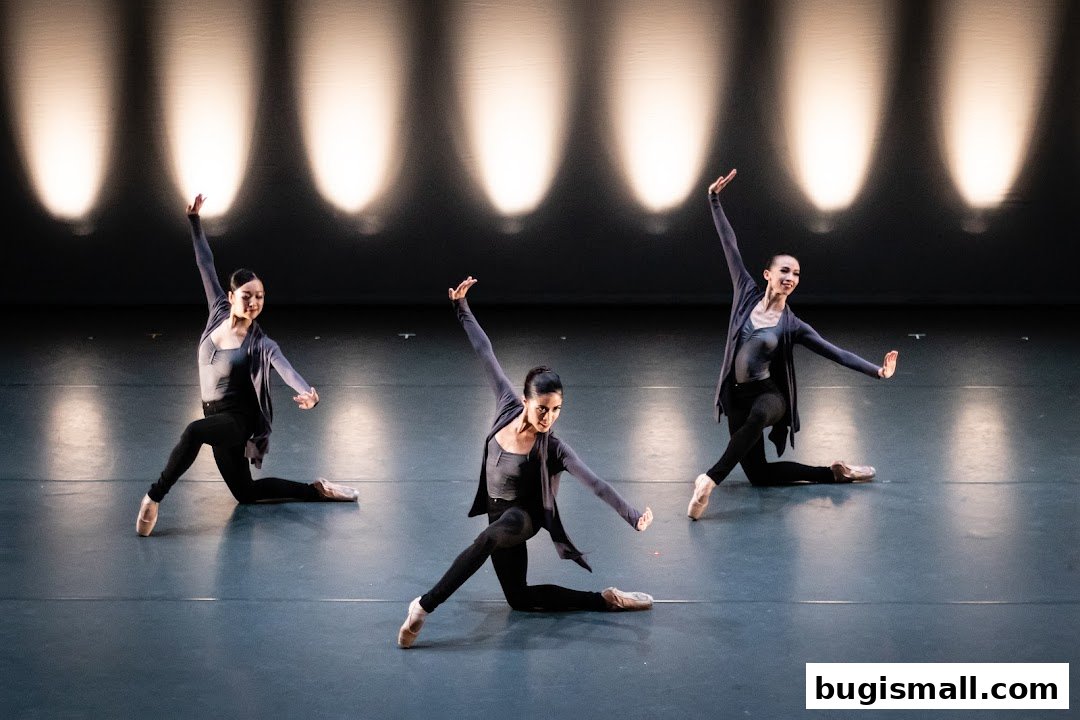 Three ballerinas in grey leotards and black pants perform on a stage.