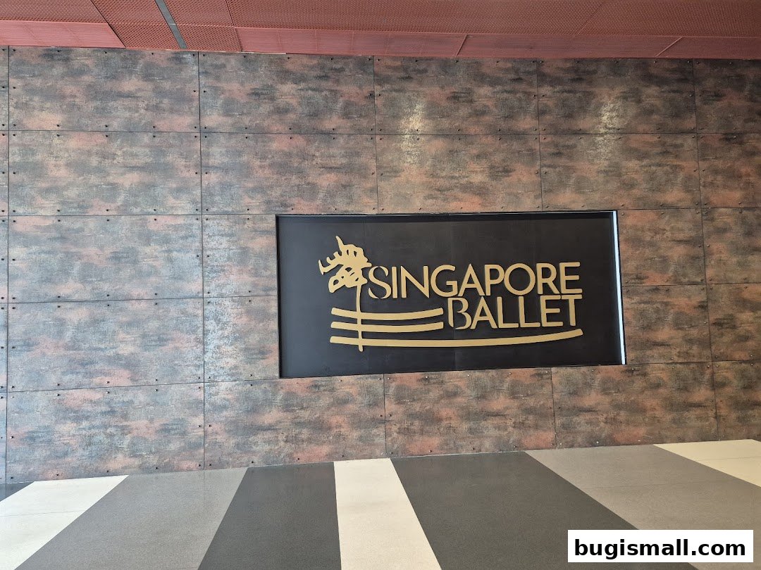 The Singapore Ballet logo is displayed on a textured wall with a modern design.