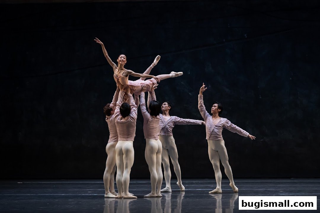 Ballet dancers in pink costumes performing a lift on stage.