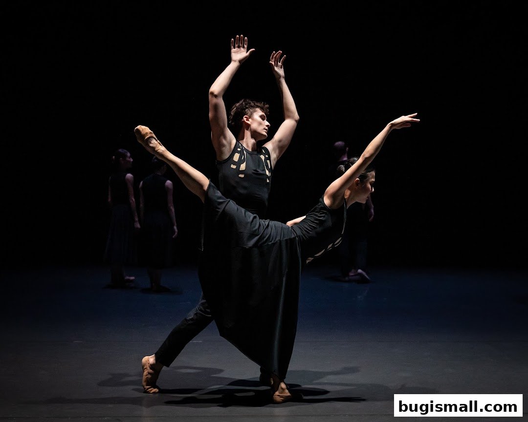 Dancers in black costumes perform a ballet routine on a dark stage.