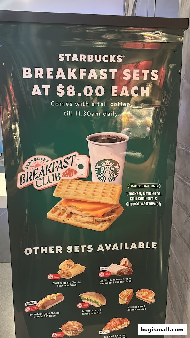 Starbucks breakfast sets promotion featuring a wafflewich and various other breakfast options.