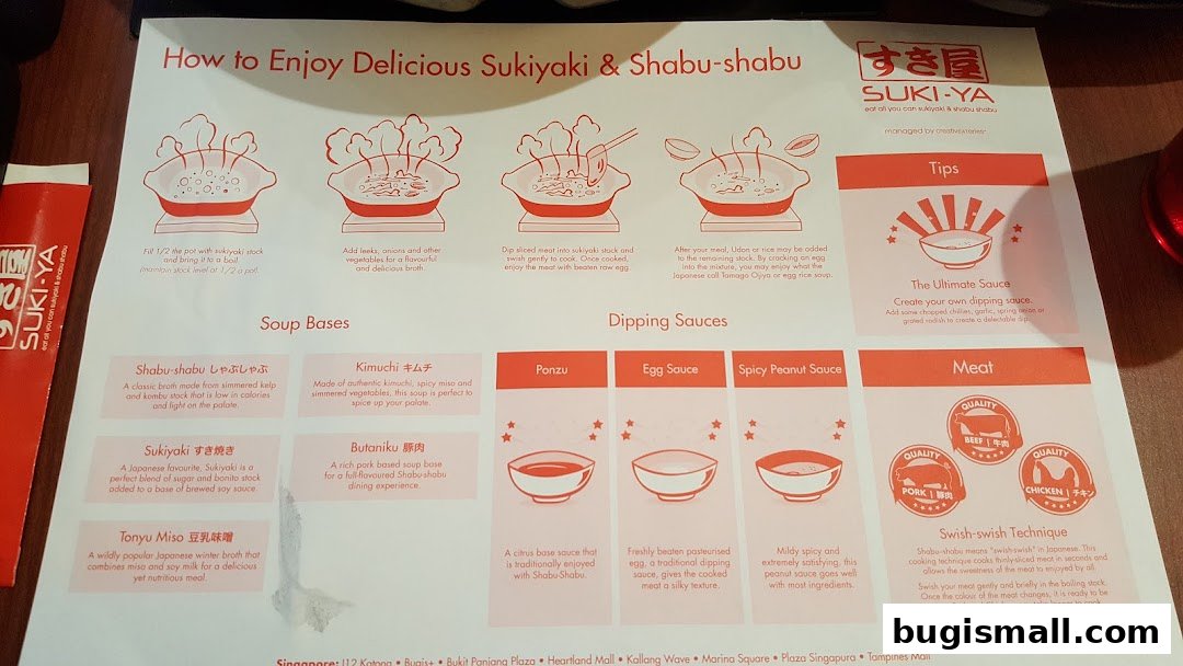 A menu detailing how to enjoy Sukiyaki and Shabu-shabu, including soup bases and dipping sauces.