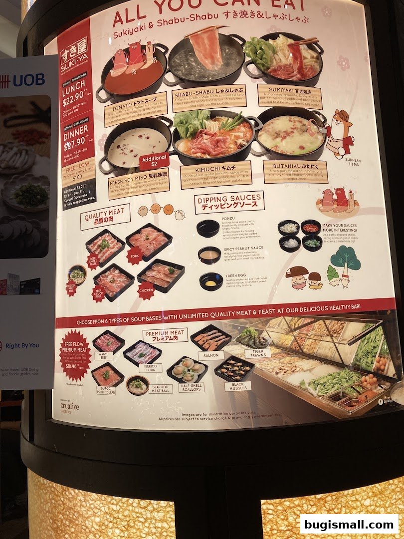 A menu board for Suki-Ya All You Can Eat Shabu Shabu, showcasing soup bases, meats, and dipping sauces.