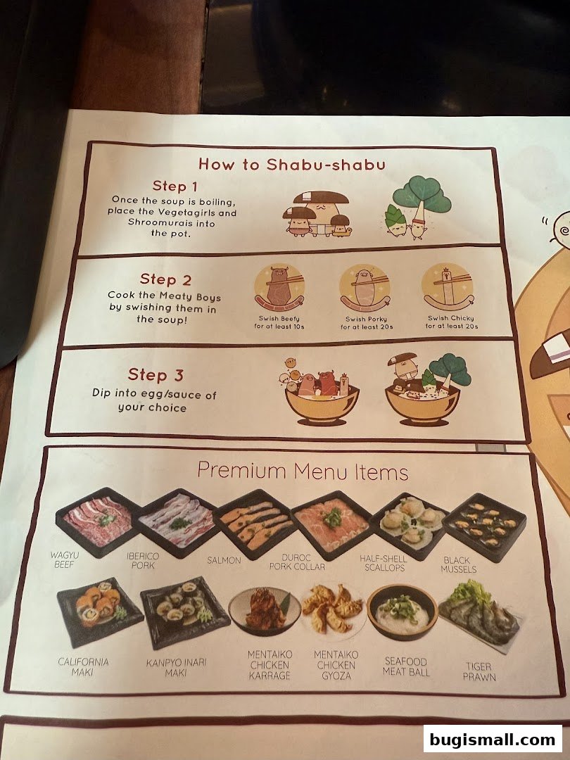 A menu showing how to prepare shabu-shabu and premium menu items.