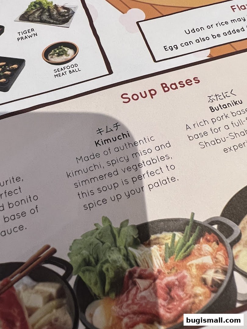 A menu page showcasing soup bases for shabu shabu, featuring Kimchi and Butaniku.