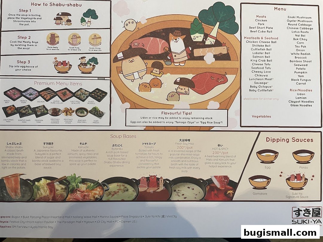 A menu for Suki-Ya All You Can Eat Shabu Shabu, detailing soup bases, premium items, and dipping sauces.