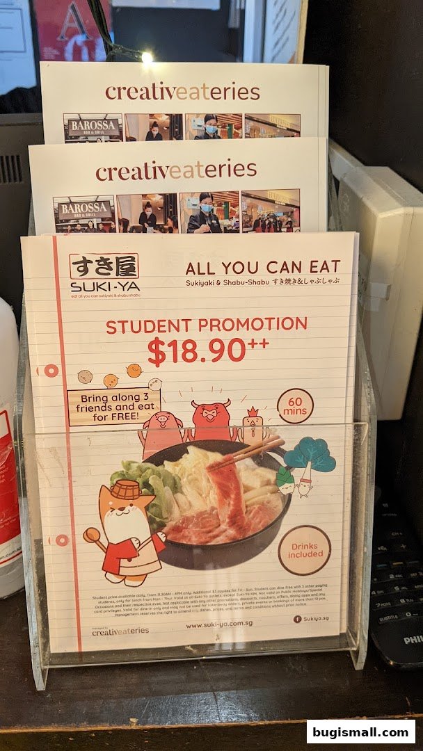 A promotional flyer for Suki-Ya's all-you-can-eat shabu-shabu student promotion.