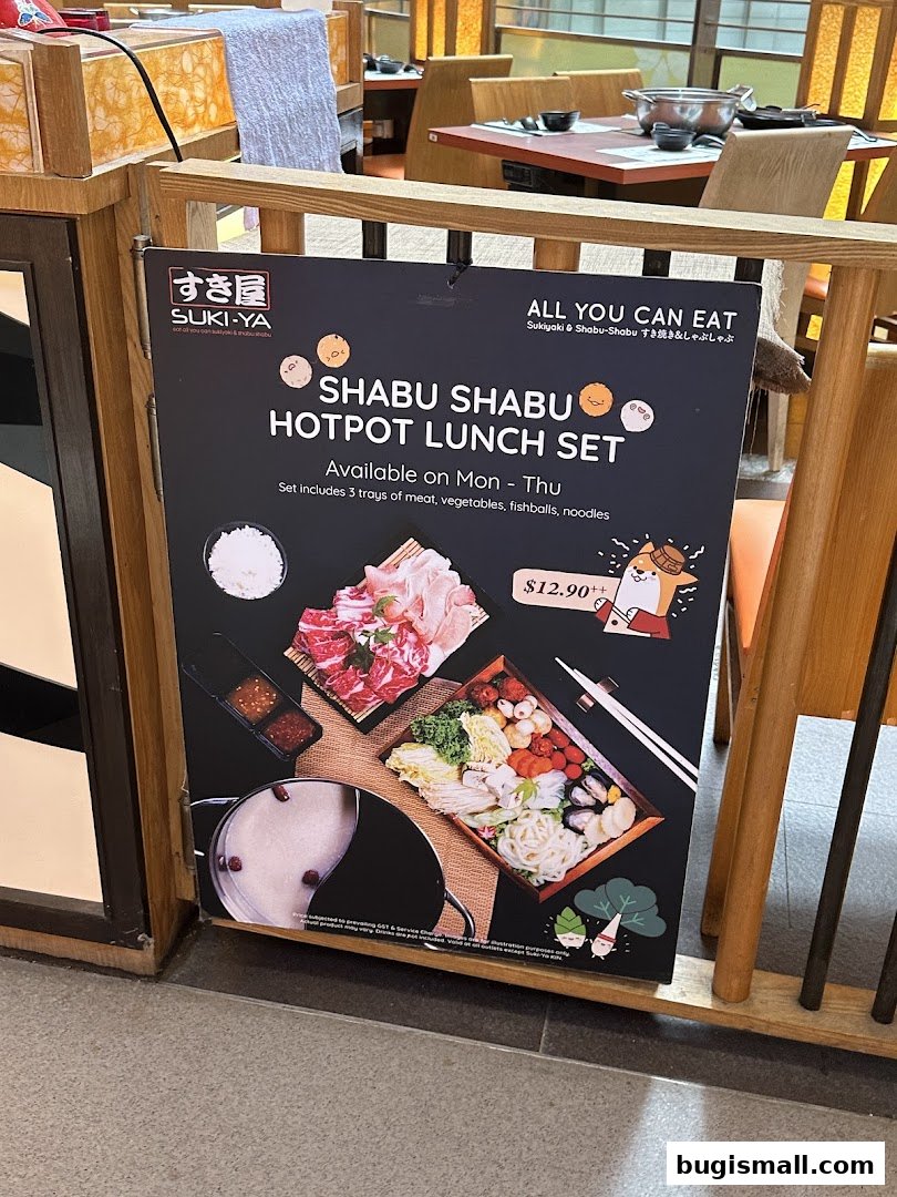 A sign advertising Suki-Ya's all-you-can-eat Shabu Shabu Hotpot Lunch Set.