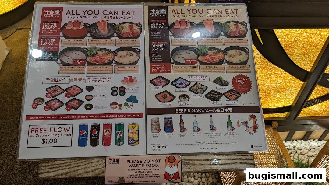 A menu for Suki-Ya offering all-you-can-eat Sukiyaki and Shabu-Shabu with various soup bases and meats.
