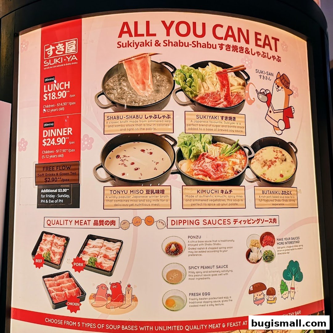 A menu board showcasing Suki-Ya's all-you-can-eat Sukiyaki and Shabu-Shabu offerings with soup bases and dipping sauces.