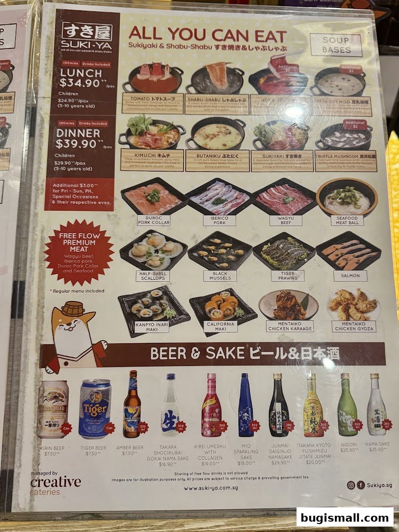 A menu for Suki-Ya offering all-you-can-eat Sukiyaki and Shabu-Shabu with various soup bases and ingredients.