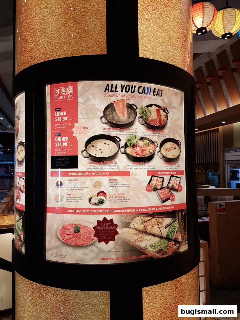 A menu display for Suki-Ya's all-you-can-eat Sukiyaki and Shabu-shabu.
