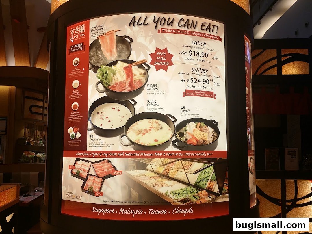 A menu board for Suki-Ya offering all-you-can-eat shabu-shabu and sukiyaki with various soup bases and meats.